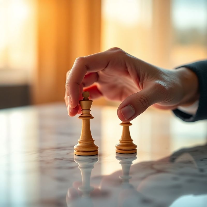 Close-up of a hand placing a chess piece on a marble surface in warm light