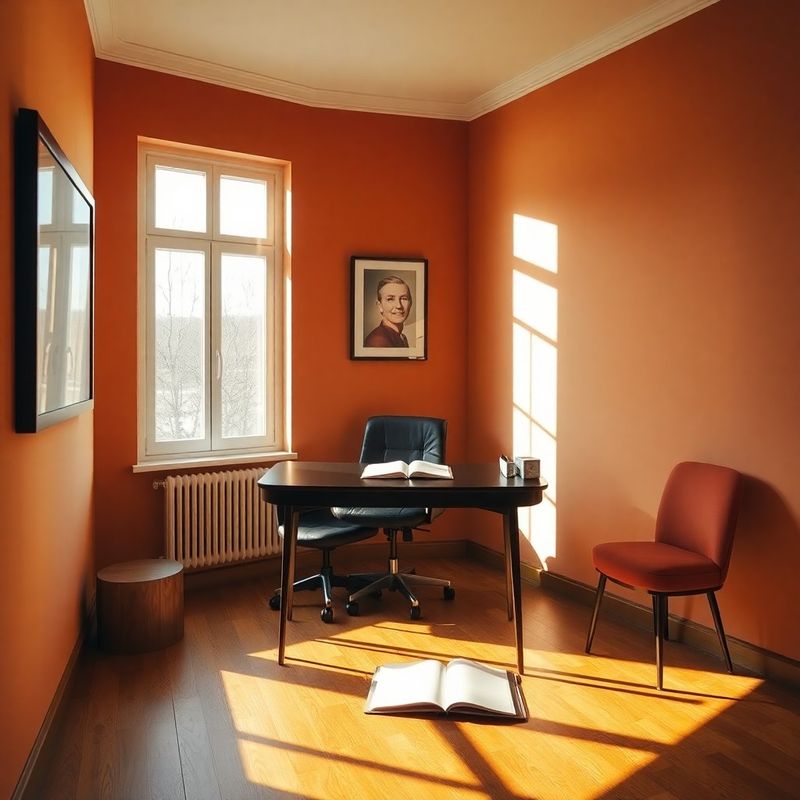 Interior of a private advisory office with terracotta-cream walls and timber flooring