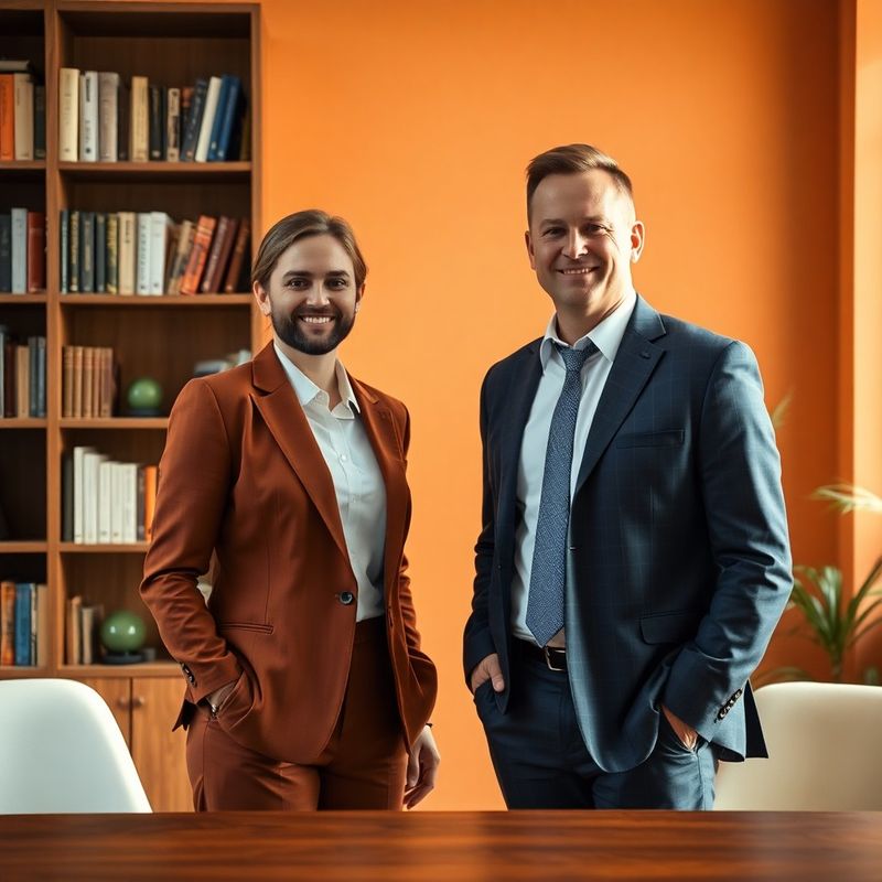 Two professionals in a warm terracotta-cream toned office in Iași