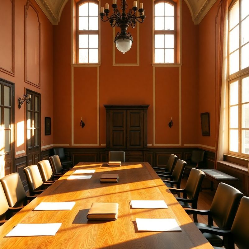 Sunlit boardroom interior in a historic Iași building with terracotta and cream tones
